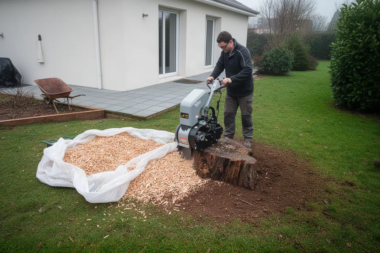 Rognage d’une souche dans une propriété de Fondettes