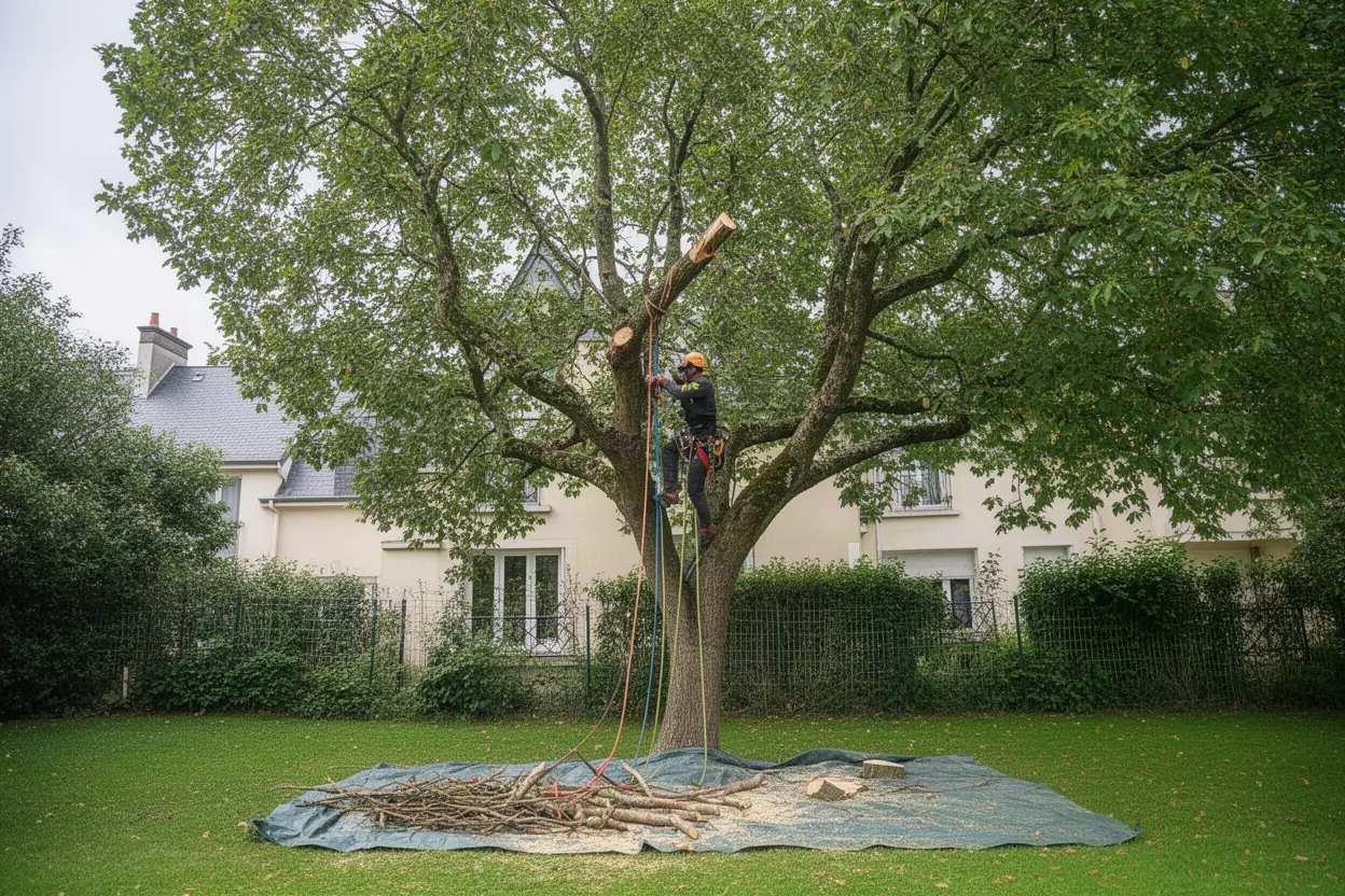 Élagueur taillant un grand arbre dans un jardin de Fondettes